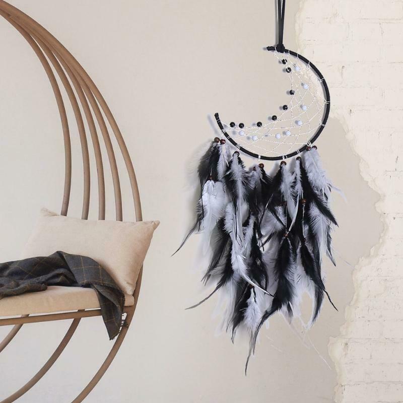 Moon Dream Catcher Handmade Feather Bead Wall Hanging Ornament for Kids Bedroom