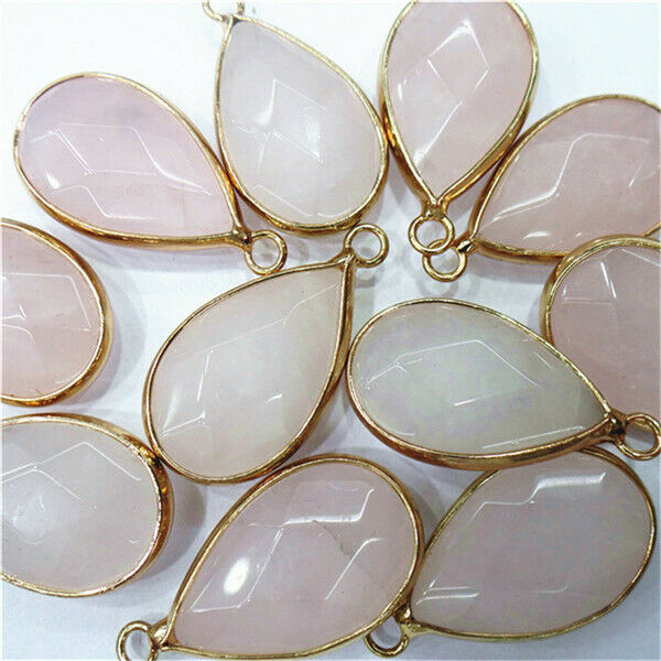 10Pcs 24x14x6mm Golden Wrapped Natural Rose Quartz Teardrop Pendant Bead HH8065