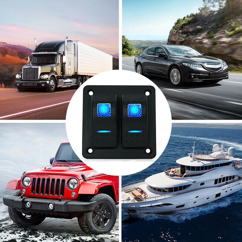2 Gang Toggle Rocker Switch Panel Car Boat Marine RV Truck Blue LED Waterproof