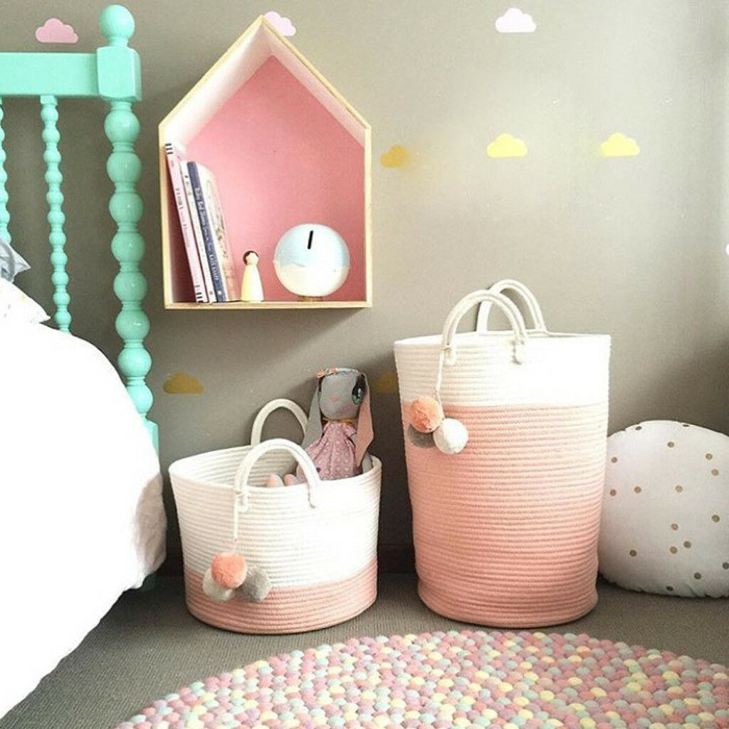 Cotton Rope Storage Basket Baby Laundry Basket Woven Box with Handle Gray L