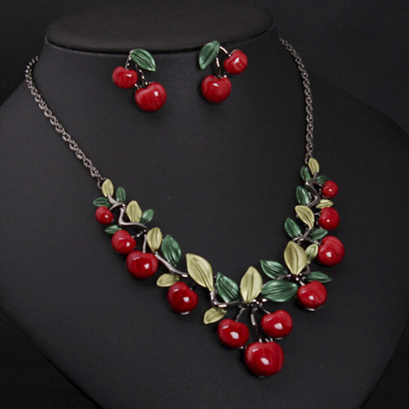 1 Set Fashion Red Cherry Jewelry Set Metal Bridal Necklace Earring.l8