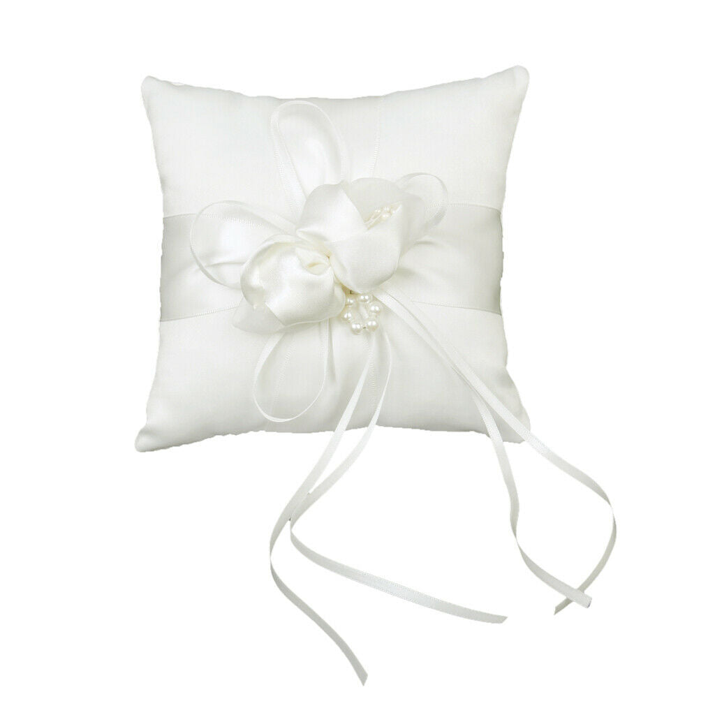 White Satin Bowknot   Bearer Pillow and Wedding Flower Girl Baskets Set, 6 x