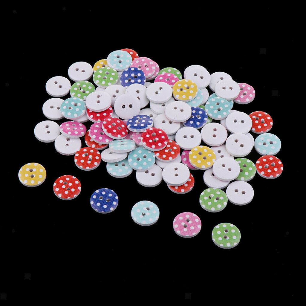 Pack of 100 Wooden Button 2 Holes Round Dot Pattern DIY Garment Accessories