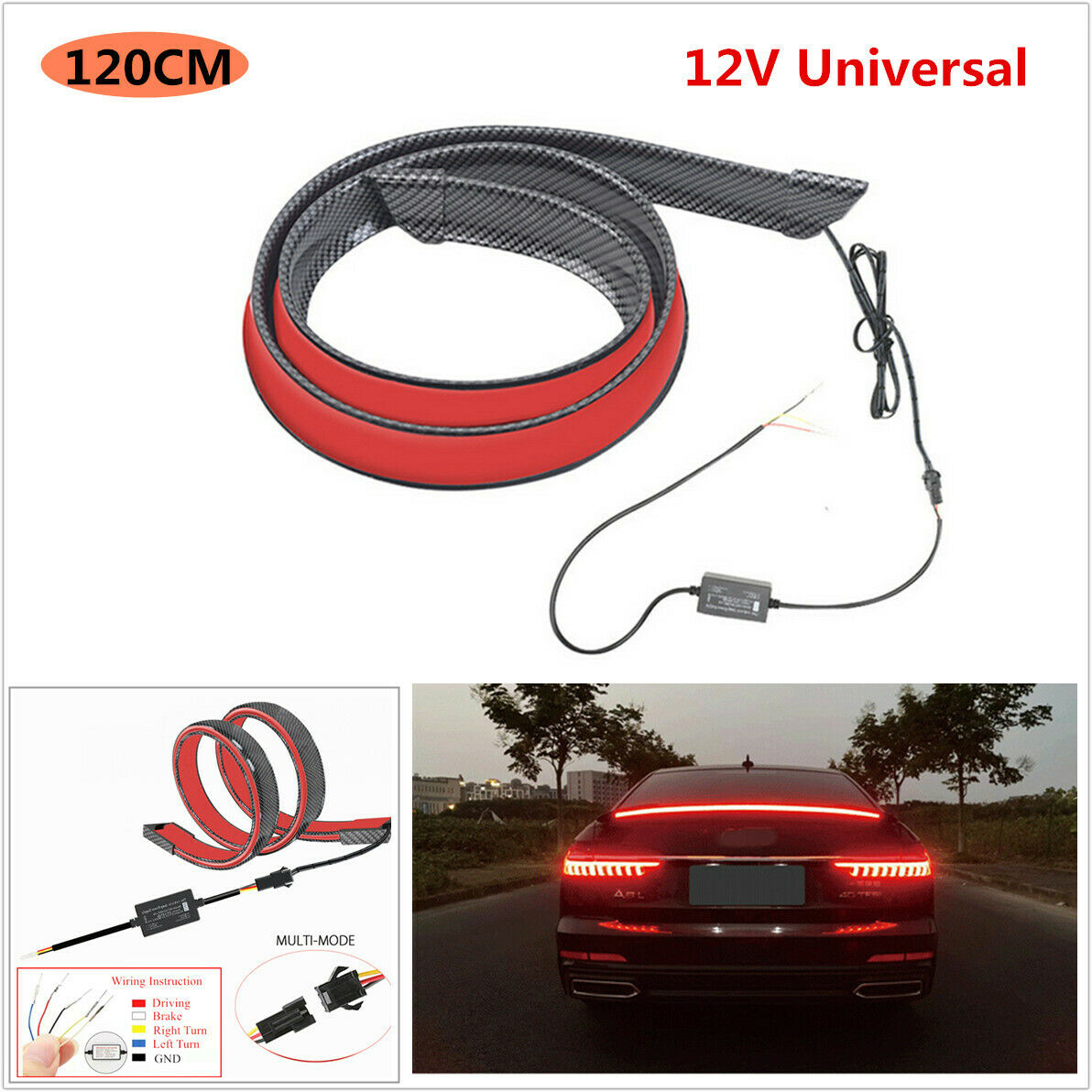 120cm Universal Car Rear Trunk Spoiler Lip LED Brake Turn Flowing Light Bar 12V