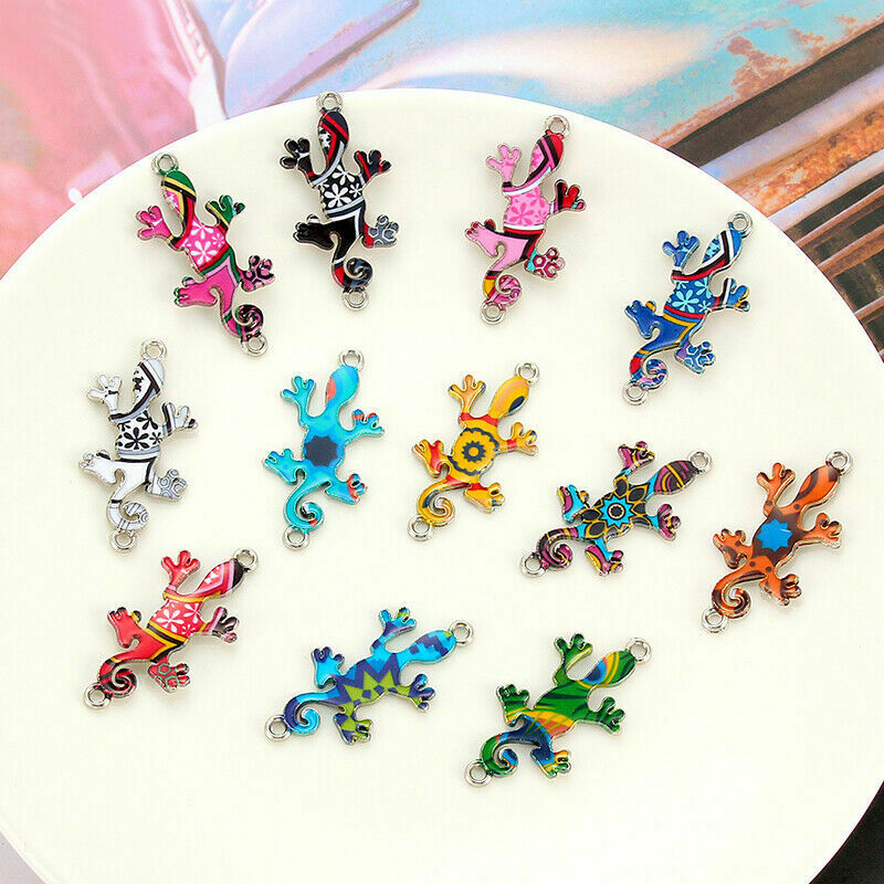 10pcs Mixed Color Enamel Gecko Connectors Charm Pendant Fit DIY Bracelet Making