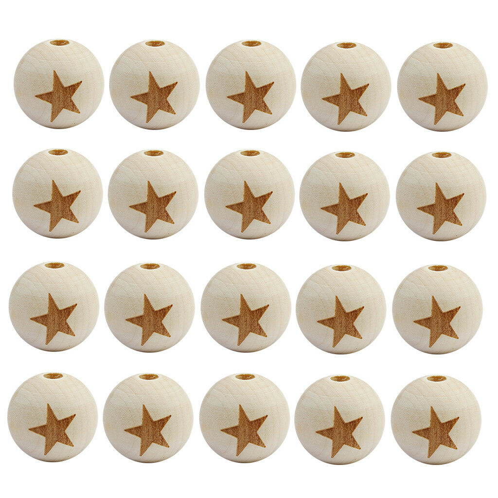 20pcs Star Printed Unfinished Wood Round Wooden Beads for DIY Crafts 20mm