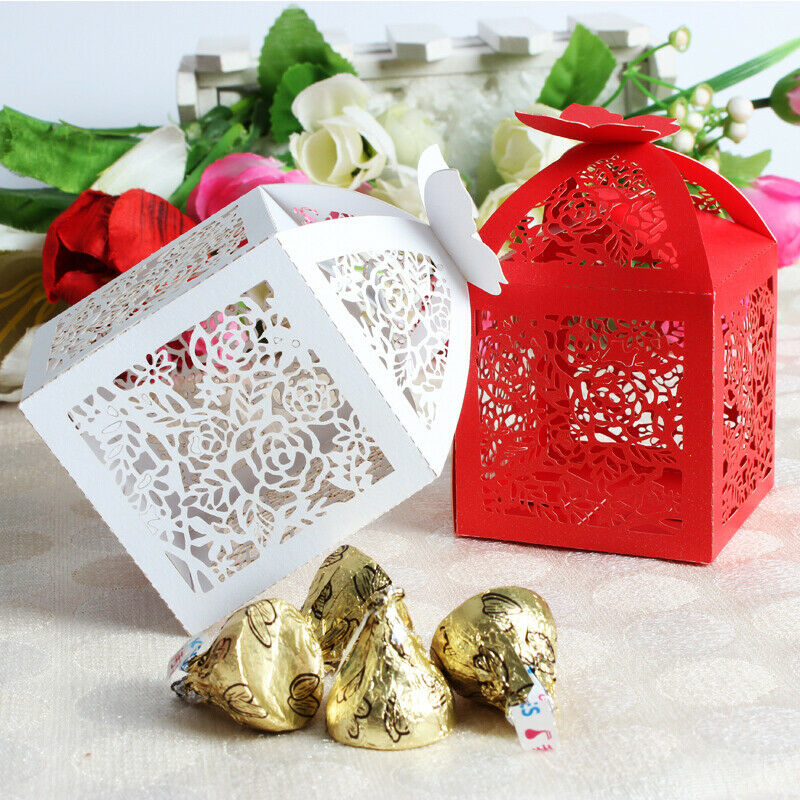 50pcs Hollow Rose Flower Wedding Butterfly Candy Boxes Gift Favor White