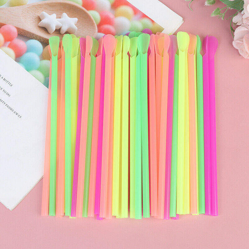 50Pcs/Set Plastic Drinking Straws Spoon Colorful Disposable Tea Tools StrawFCA
