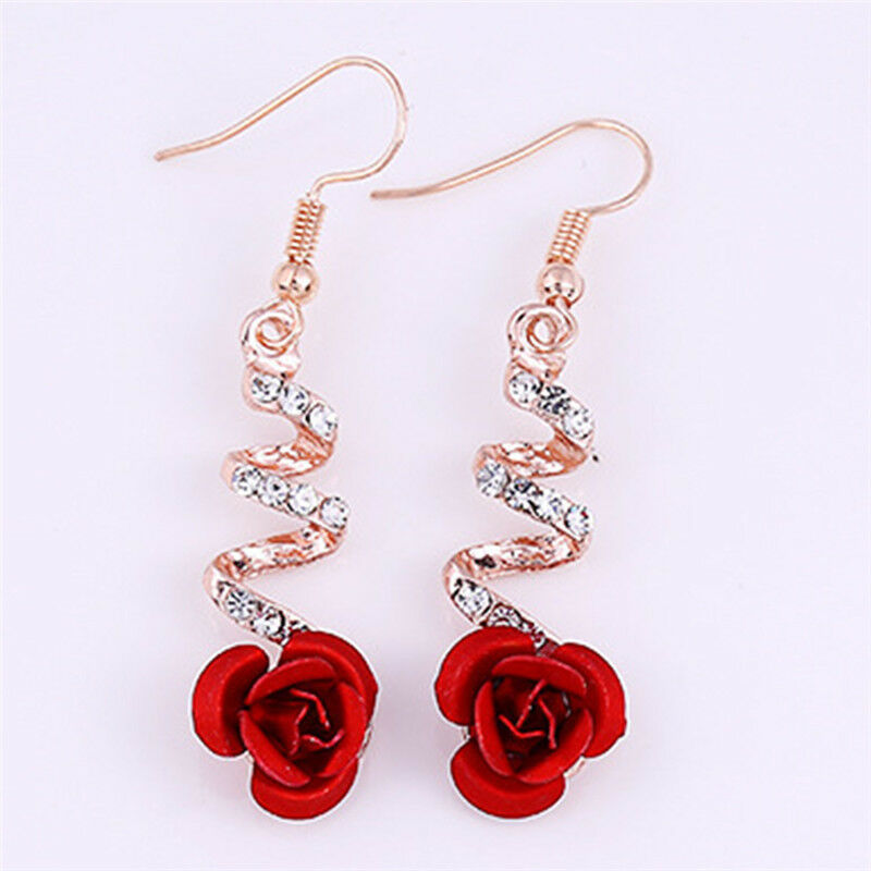 Red Rose Flower Crystal Dangle Drop Earrings Hook Party Bridal Earring Jewel Qx