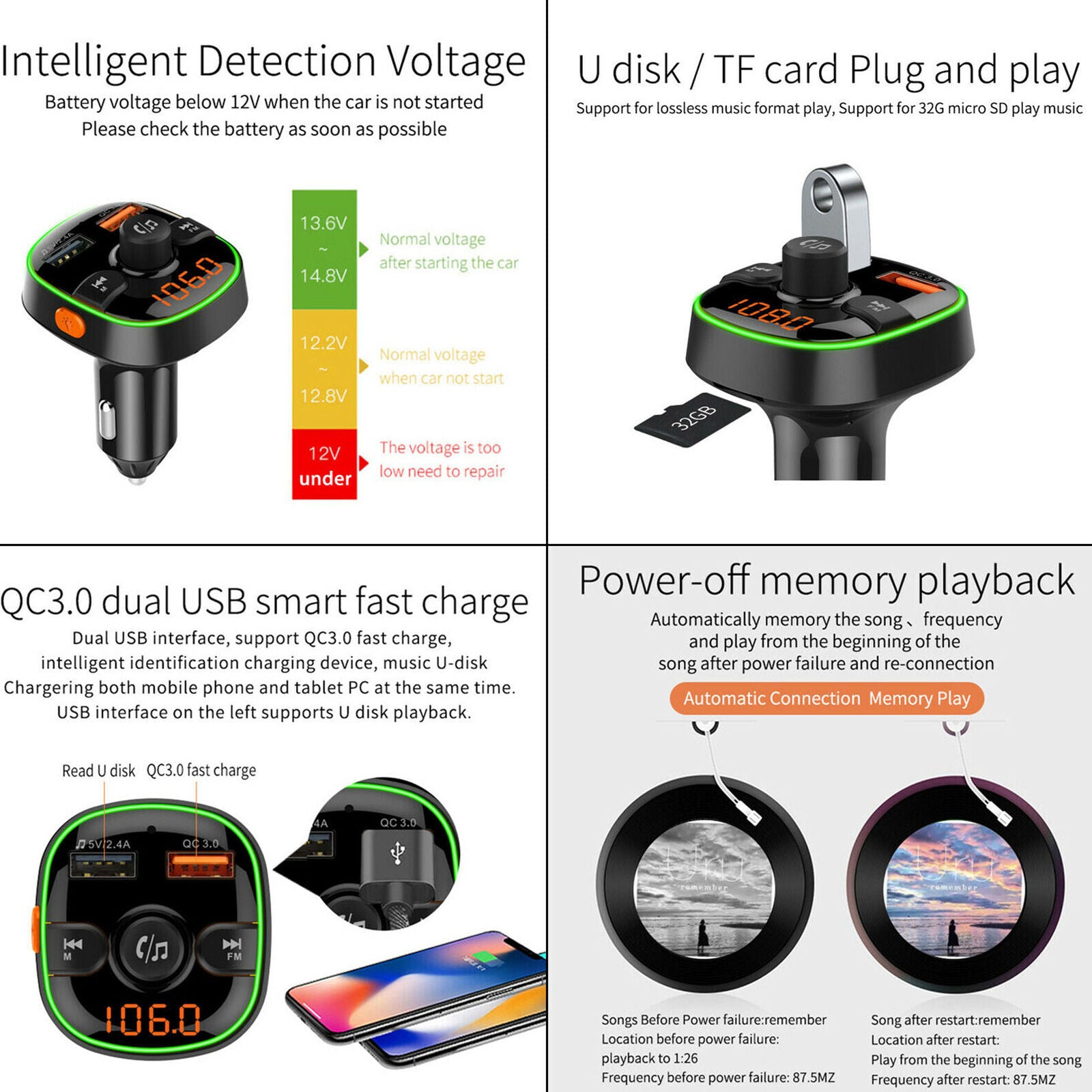 Bluetooth 5.0 FM Transmitter QC3.0 Car Charger 7Color Radio Adapter Handsfree TF