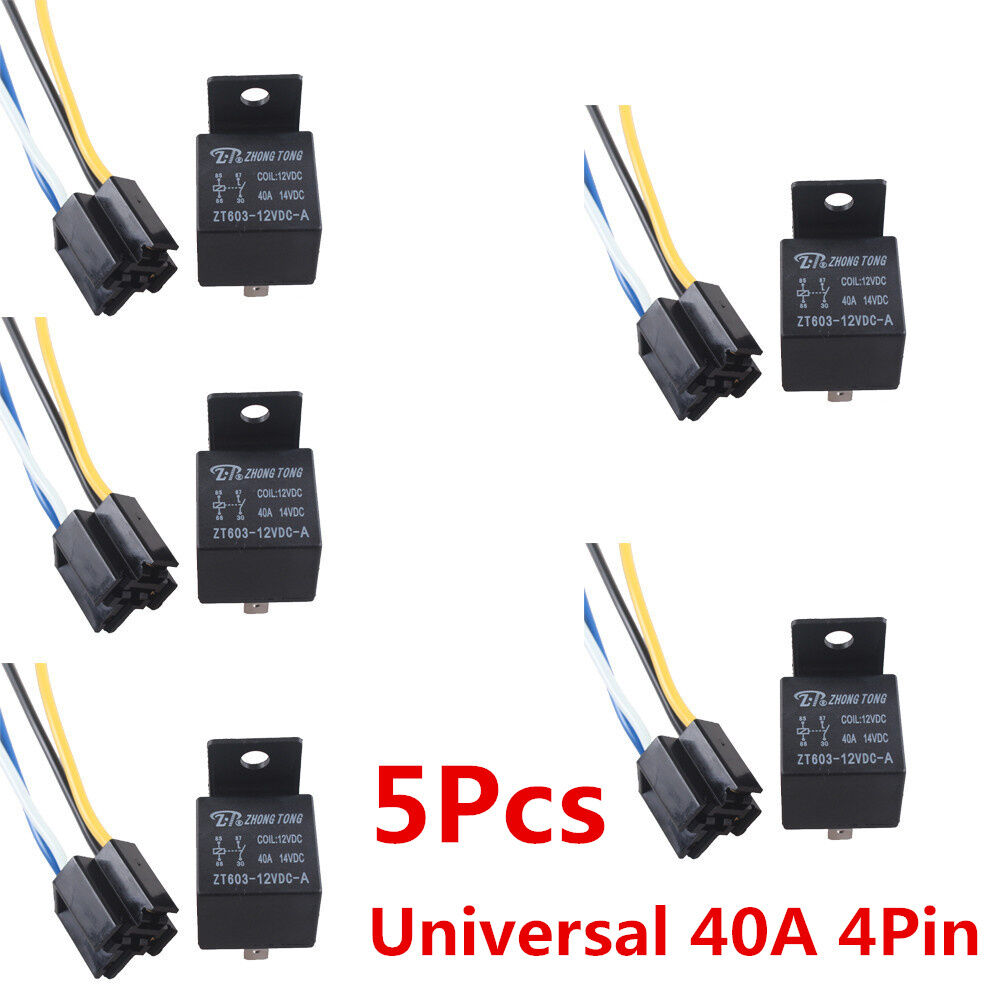 5 x Mini Relay SPST 4Pins 12V DC 40A Contact Car Vehicle & 5X Socket 4Pin Wire