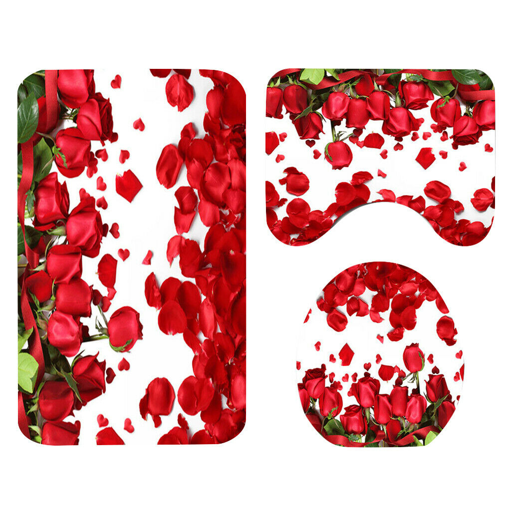 2Set 3Pcs Red Rose Pattern Toilet Lid Cover Bath Rug Set Shower Ensemble