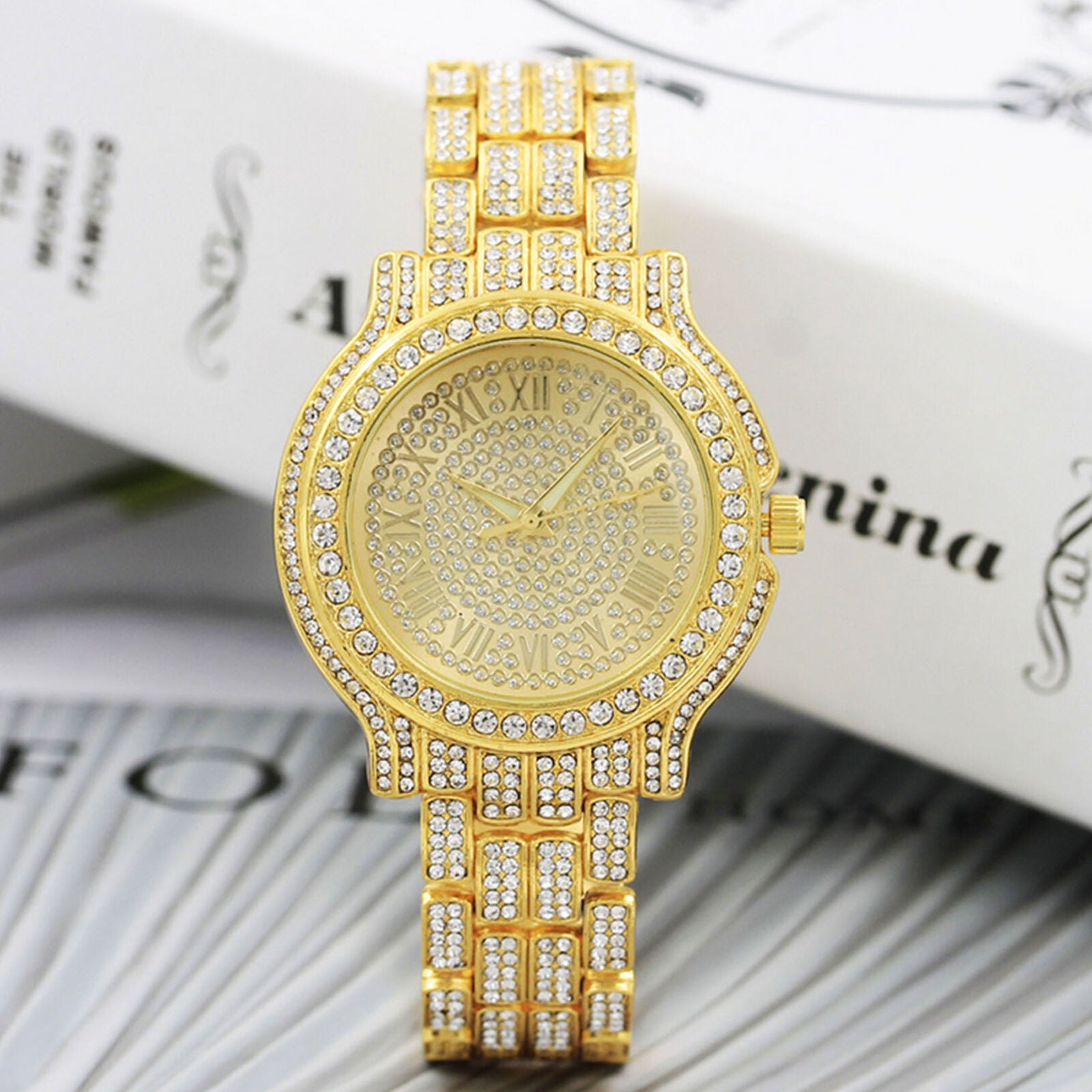 Men Hip Hop Rhinestone Luxury Crystal Bling Simulated Diamond Rapper Watch Women
