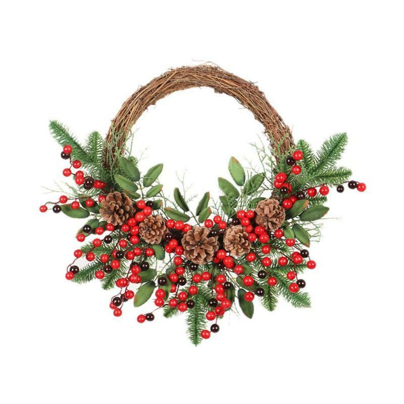 Artificial Red Berries Pine Cone Wreath Hanging Garland Christmas Ornament Decor