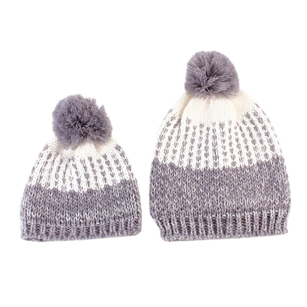 Winter Stylish Warm Novelty Mom Baby Knitted Pom Bobble Hat   Gray