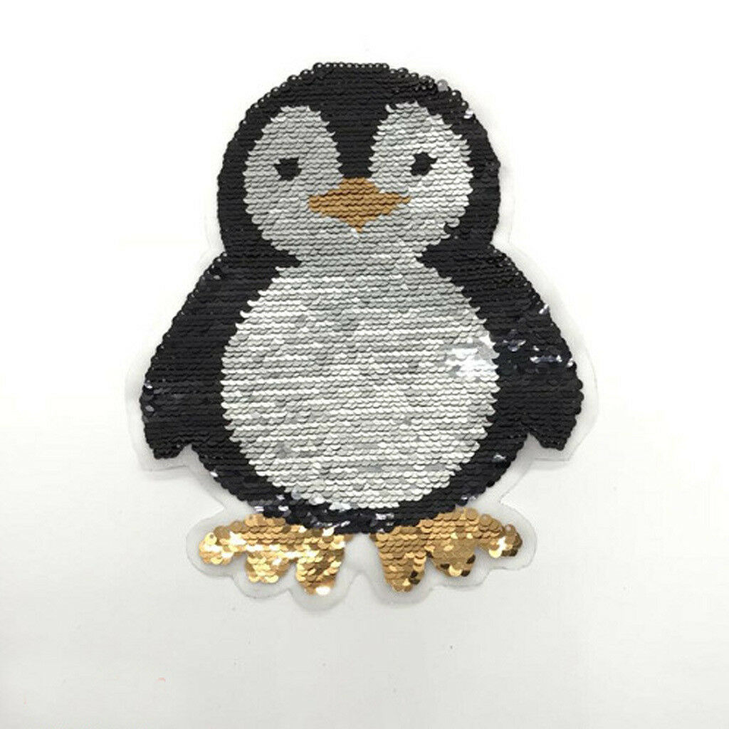 Lovely Cartoon Penguin Sequins Patch Applique Sew On Reversible Embroidered