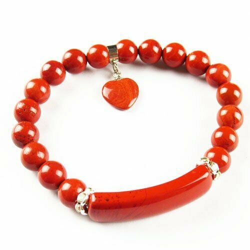 Natural Red Jasper Ball Oblong Heart Rhinestone Stretchy Bracelet 7.5 inch 63SL