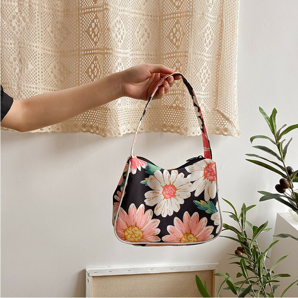 Summer Fashion Retro Daisy Print Handbag Zipper Women Armpit Shoulder Bag @