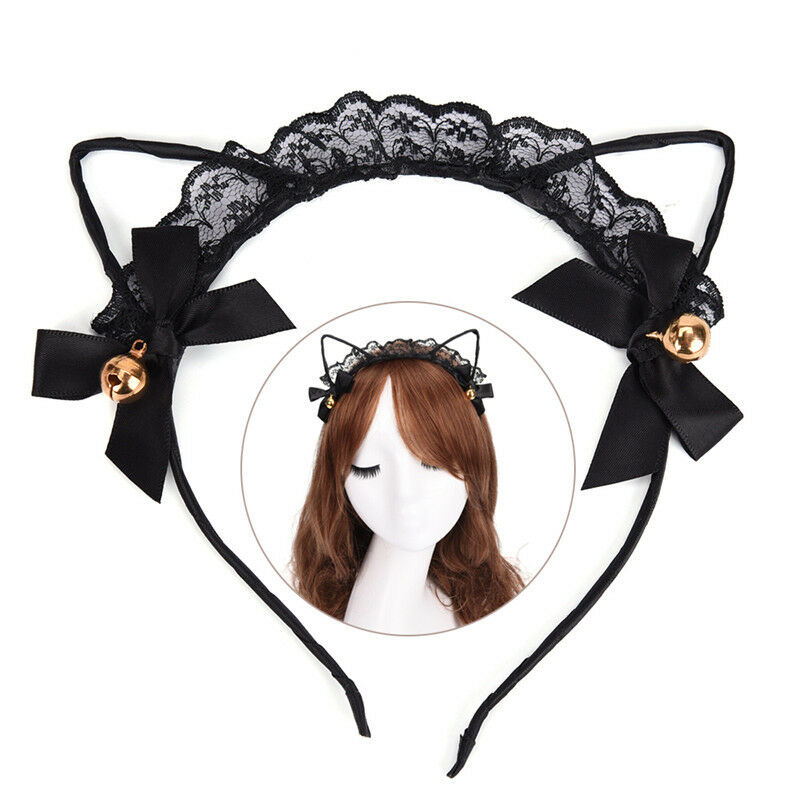 Women Lace Cat Ears Headband Bells Party Costume Fancy Dress Hair Hoop HairbandW