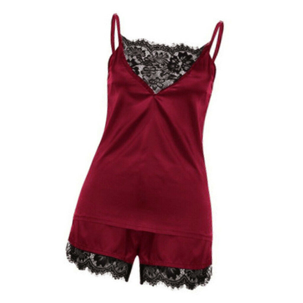 Wine Red Women's Lace Satin Sleepwear Cami Top and Shorts Pajama  M
