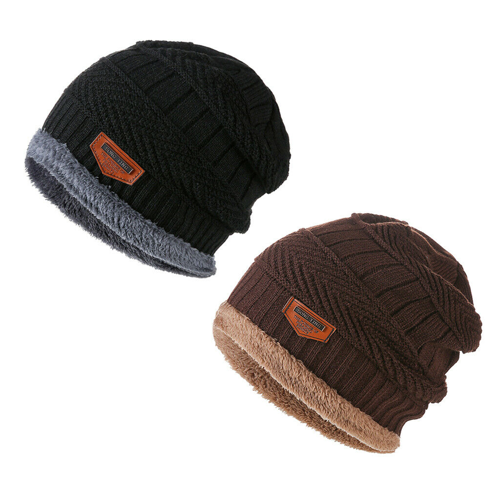 2 Pcs Winter Beanie Hat Soft Knit Hat Stretch Thick Fleece Lined for Outdoor