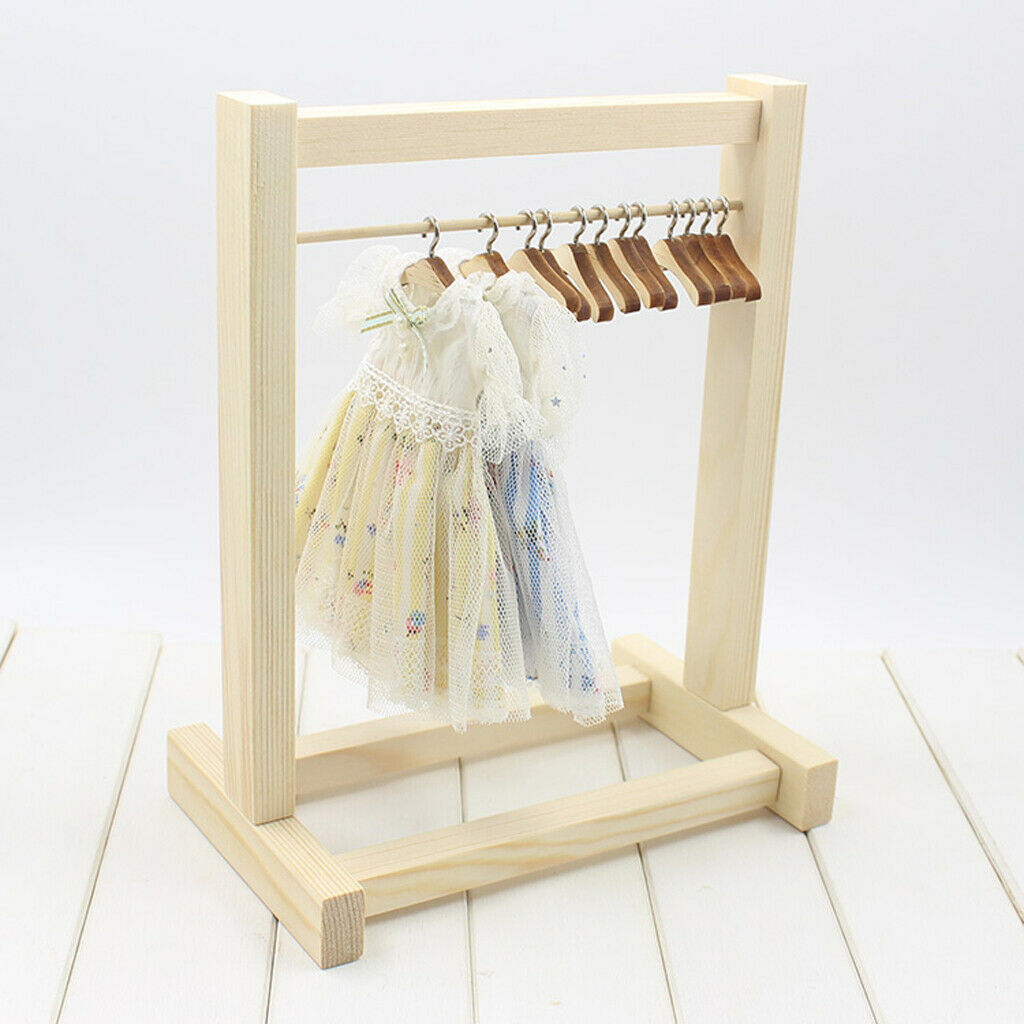 Mini Handmade Wood Clothes Rack and 10 x Hook Hangers Set for 12'' BJD