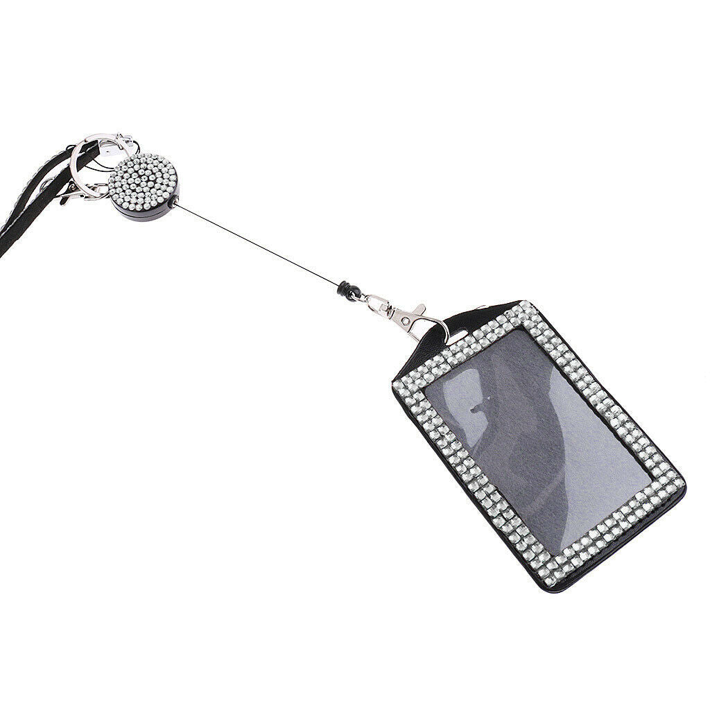 Rhinestone Lanyard with Retractable Reel Vertical Card Badge Holder White