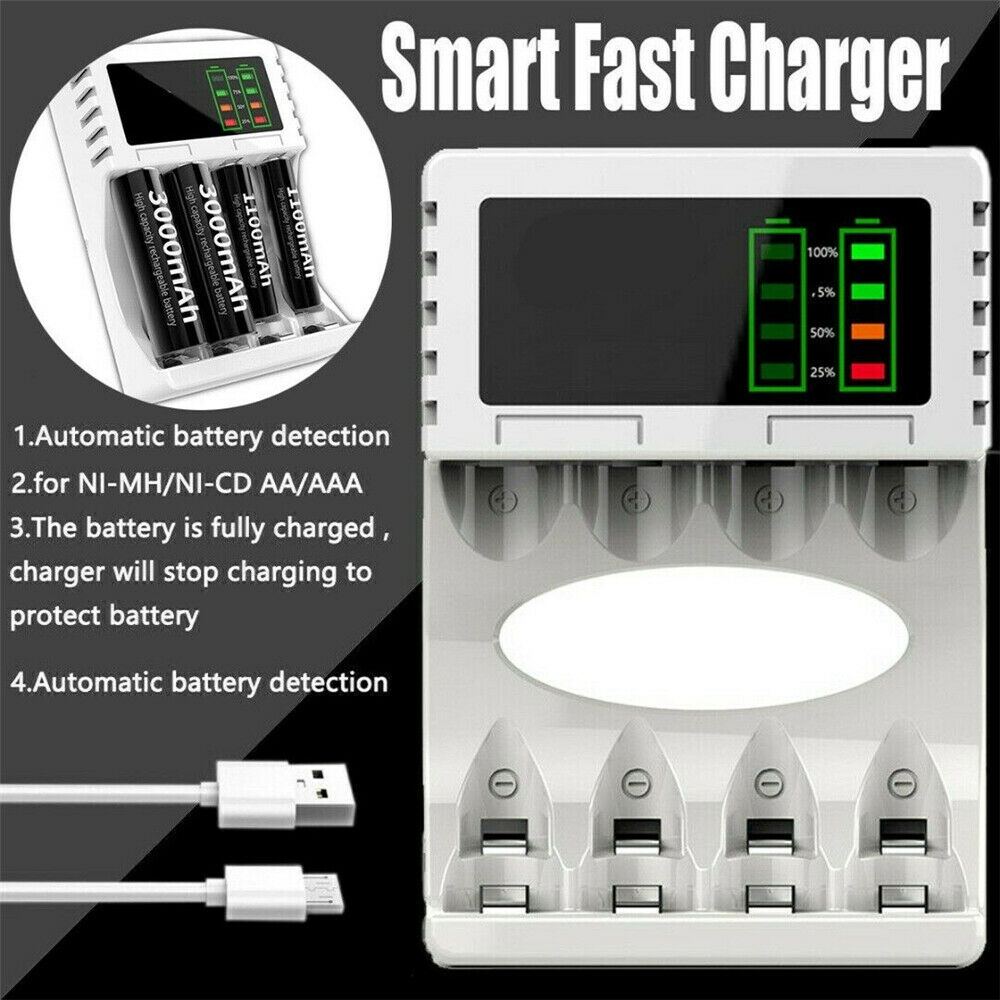 4 Slots White LCD AA AAA Rechargeable Battery Charger For NIMH NICD Batteries