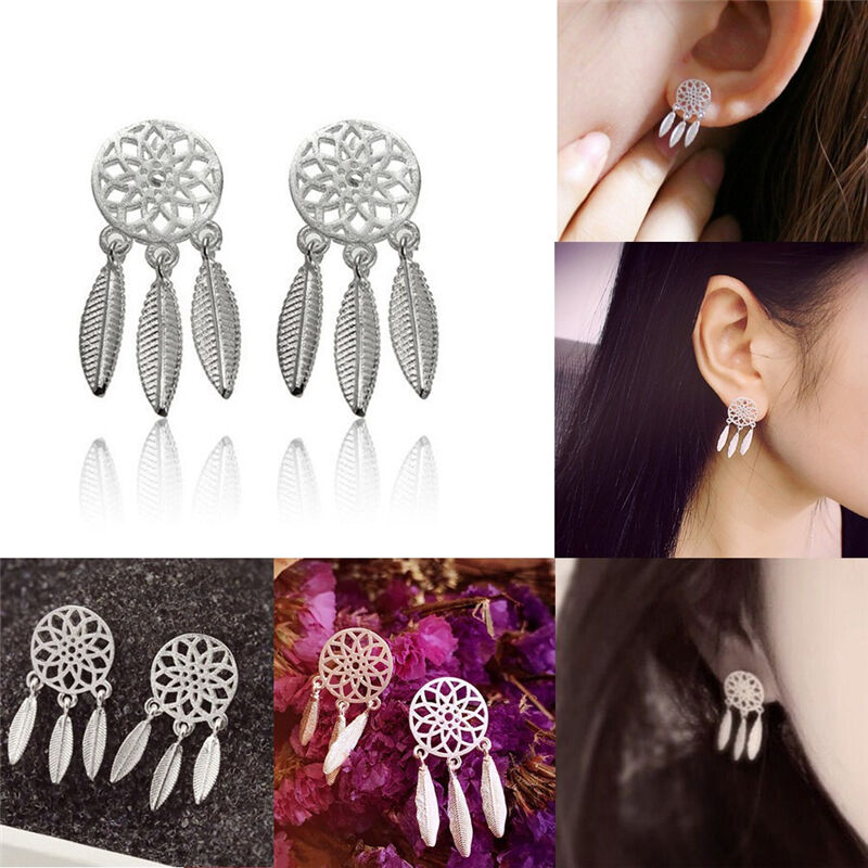 1Pair Bohemia Women Dream Catcher Feather Ear Stud Drop Earrings Jewel.l8