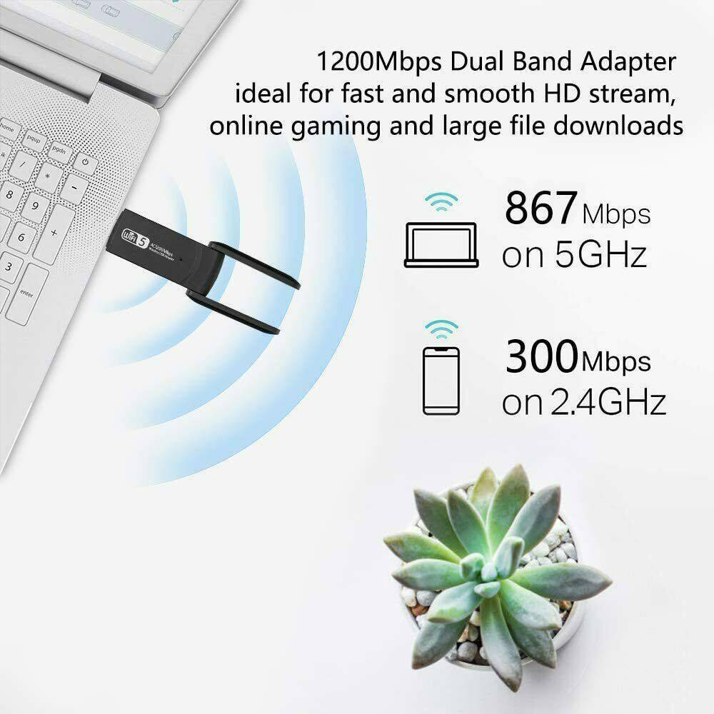Computer Black 1200Mbps WiFi Dongle Wireless Adapter USB 3.0 Dual Band Antenna!