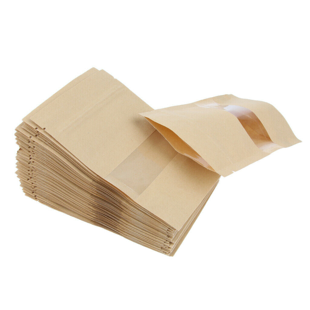 50x Kraft Paper Bag Stand Up Pouch Food   Packaging w/ Window 9x14+3