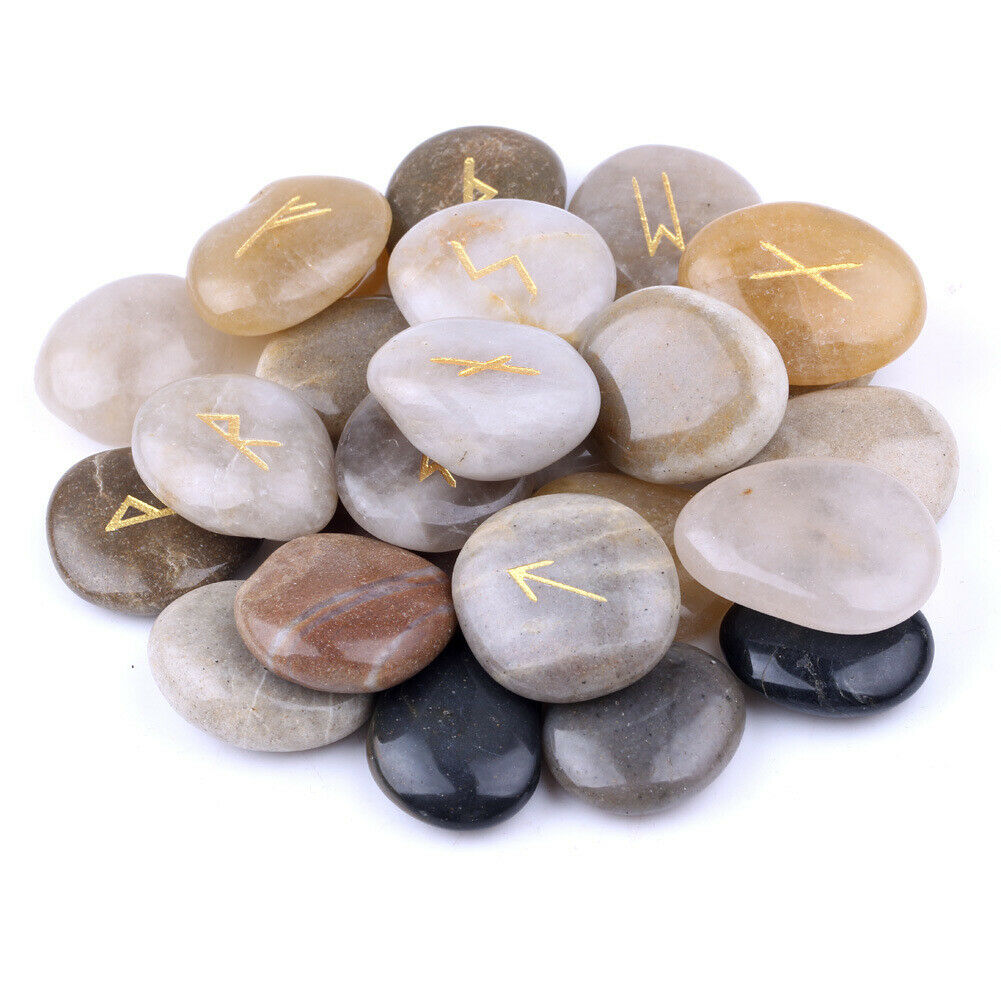 25pcs/SET Natural Cobblestone Rune Engraved Set Healing Reiki Tumble Stones