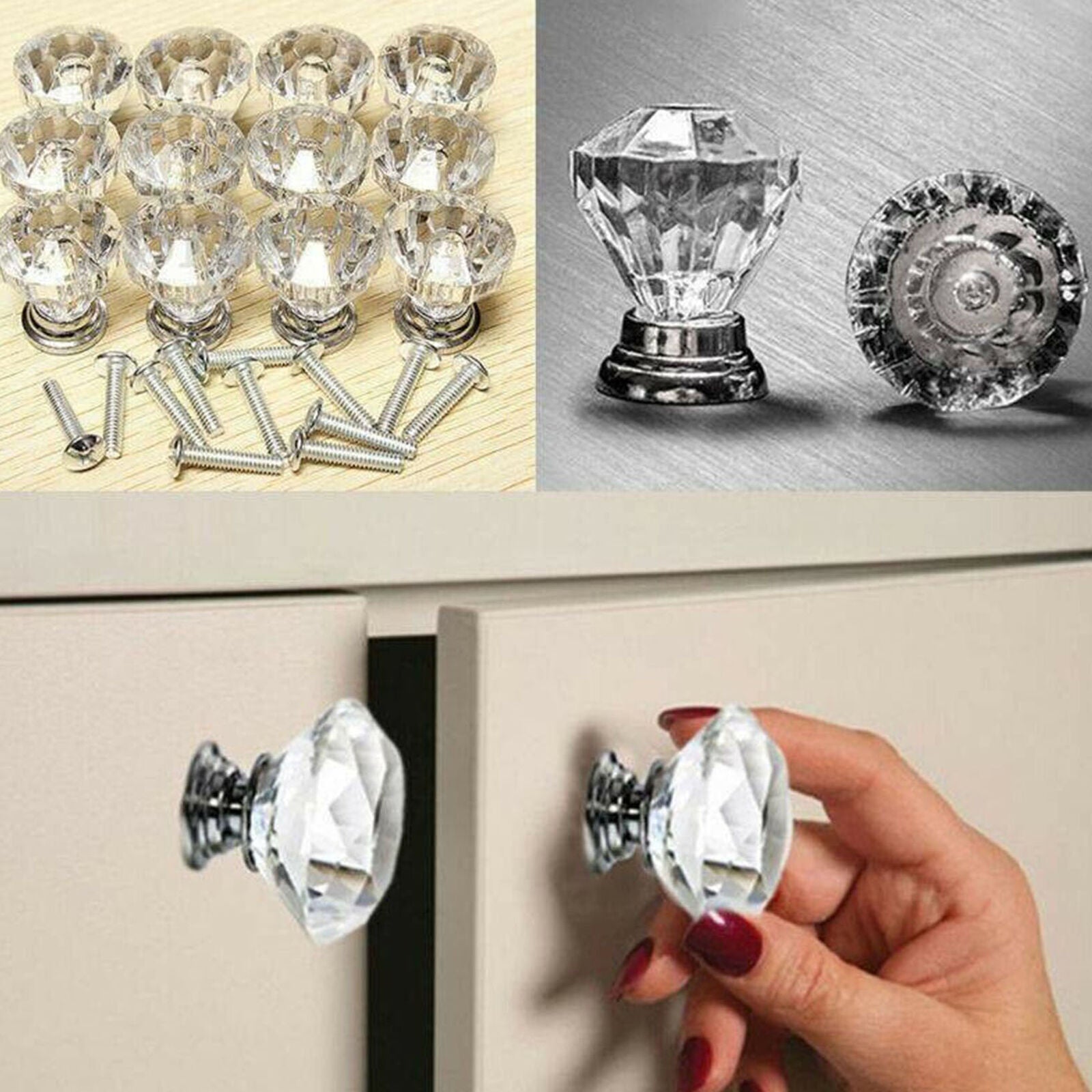 12Pcs Crystal Glass Cabinet Knob Diamond Shape 30mm Drawer Cupboard Handle Pull