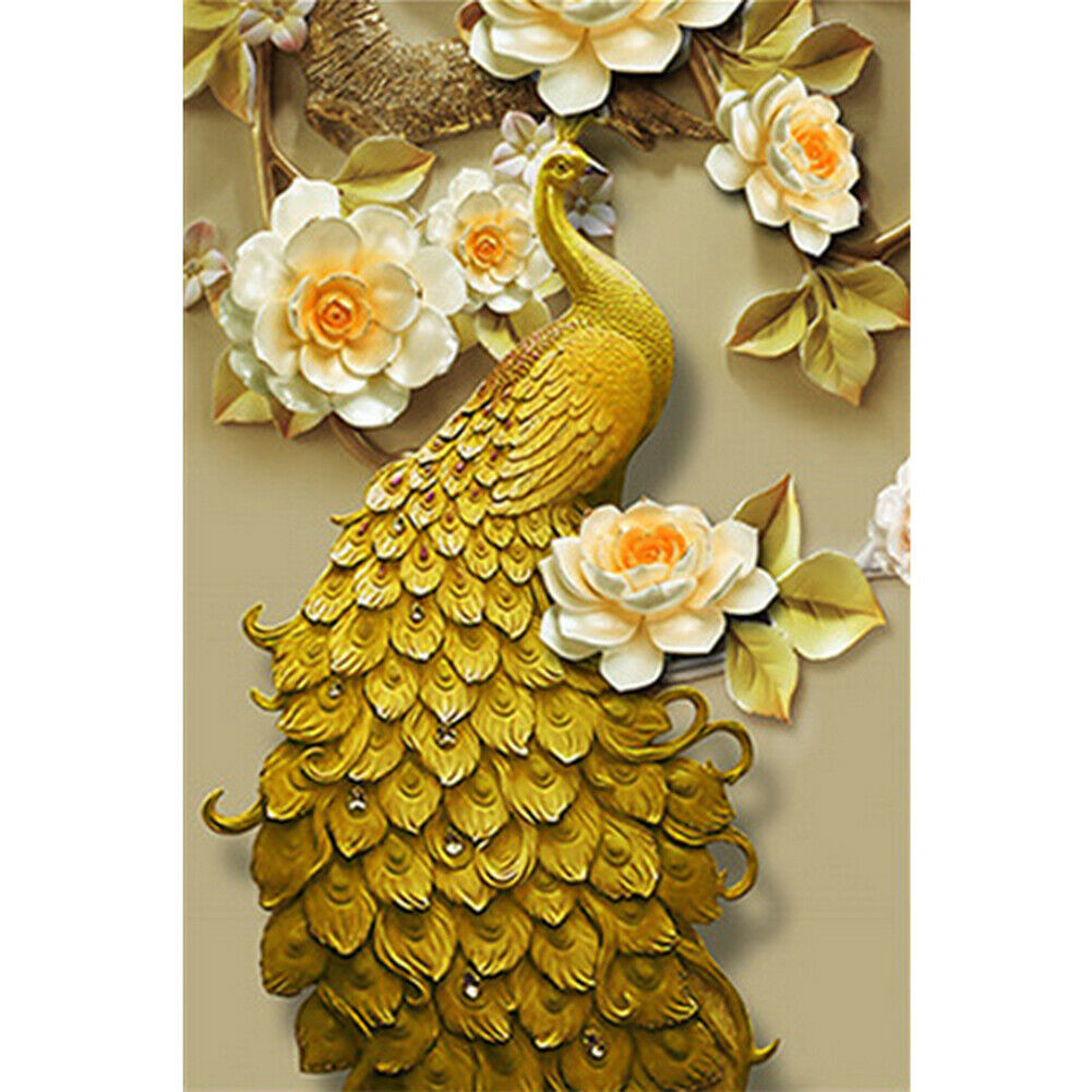 5D DIY Diamond Painting Golden Peafowl Flower Full Round Drill Embroidery  @