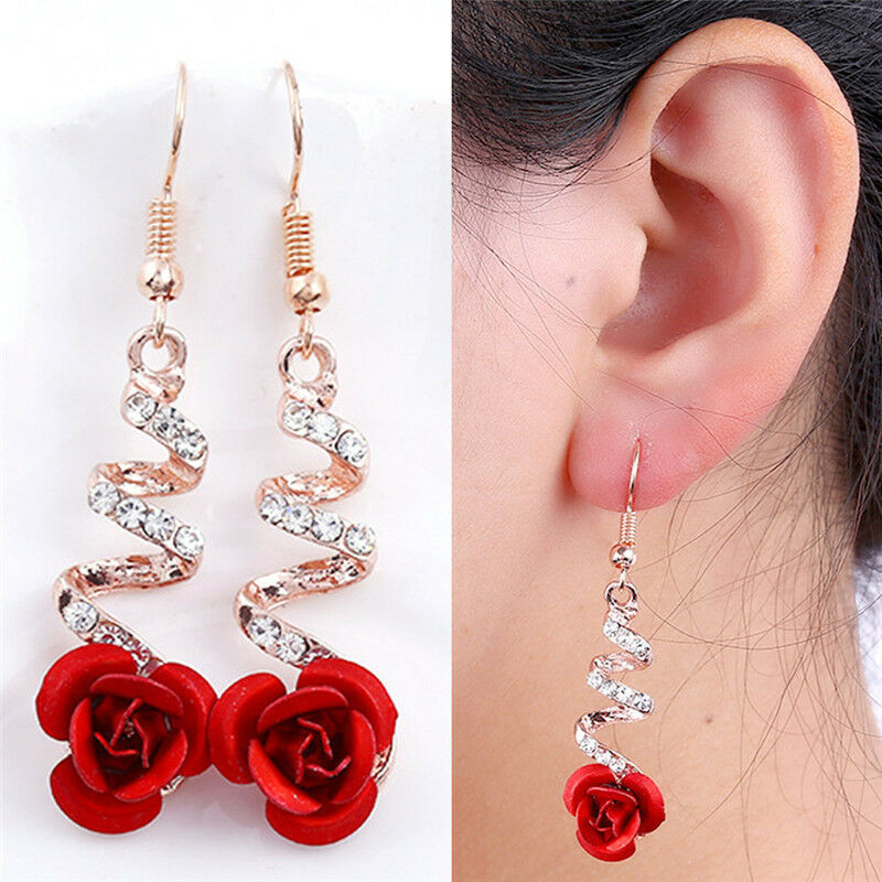 Red Rose Flower Crystal Dangle Drop Earrings Hook Party Bridal Earring Jewel Qx