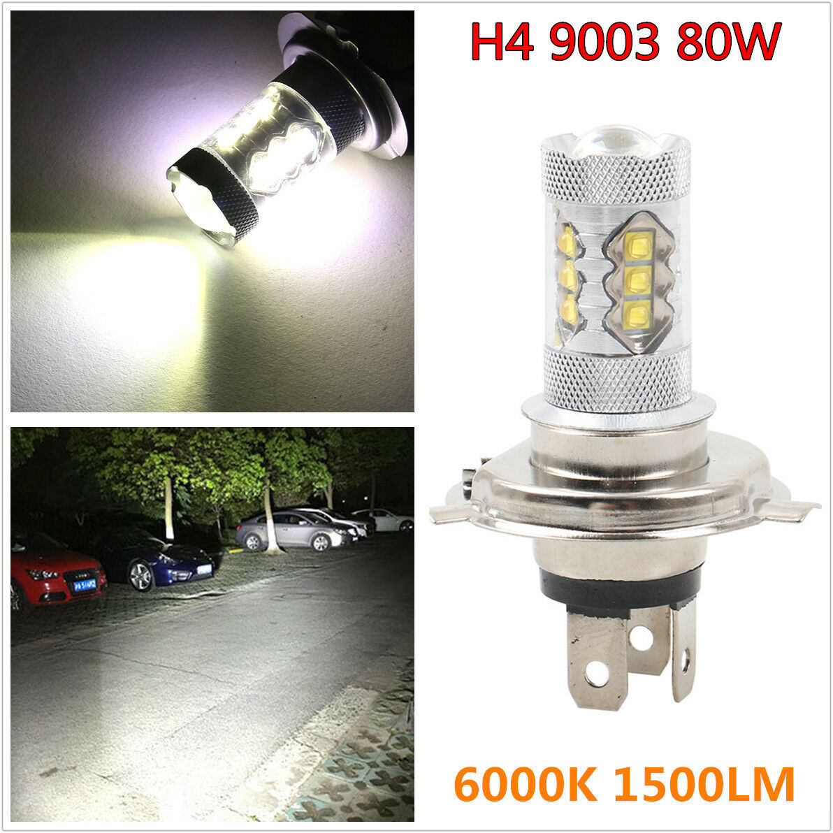 12V 80W H4 COB LED Motorcycle Headlight Hi/Lo Beam Front Light Bulb 6000K White