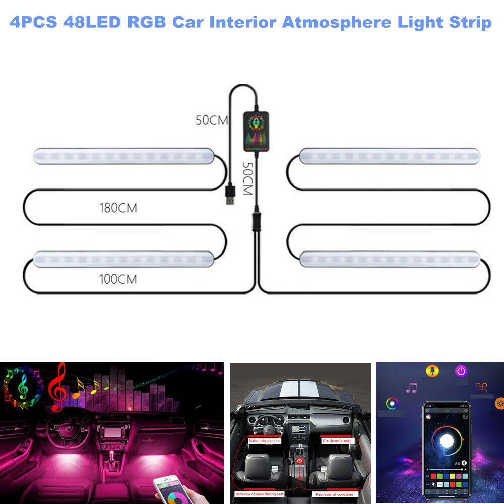 4PCS 48LED RGB Car Interior Atmosphere Light Strip Bluetooth APP Music Control