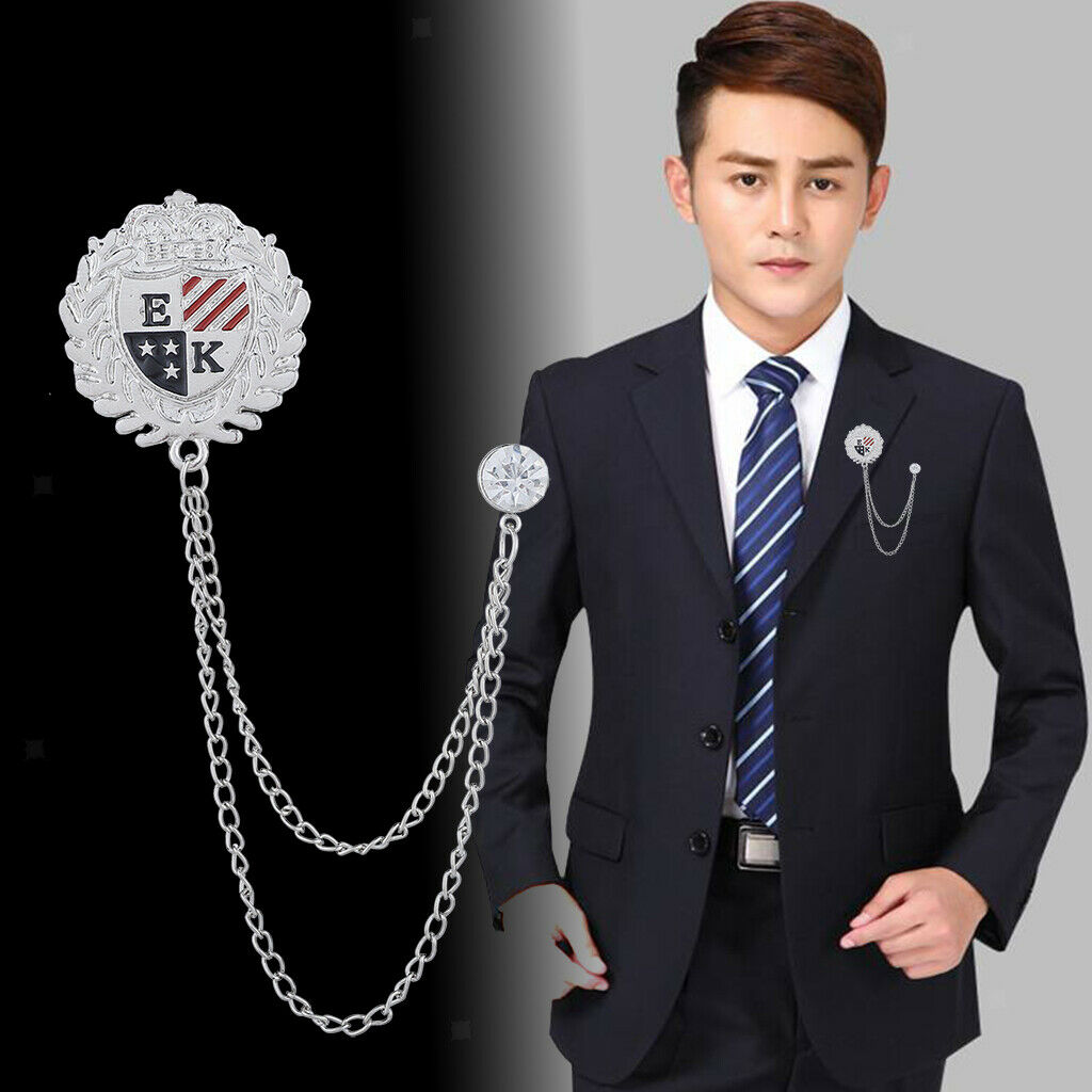 2 Pcs Crystal Shield Brooch w/ Tassel Chain Wedding Prom Label Pin Jewelry