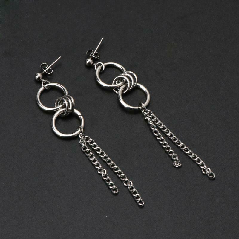 Korean Long Tassel Stainless Steel Cricle Drop Earrings Fashion Jewelry Unisex