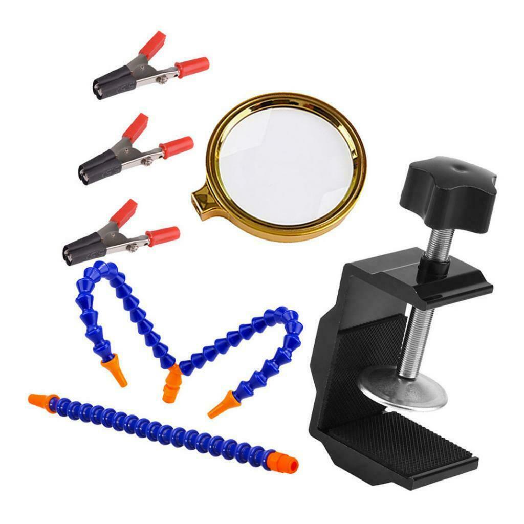 3 Arms Soldering Stations Desk Clamp Set w/ Alloy Base w/ Magnifying Lens