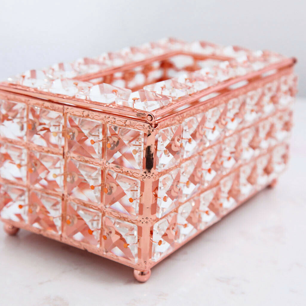 Rectangular Crystal Facial Tissue Box Cover Metal Holder for Desk Table Rose