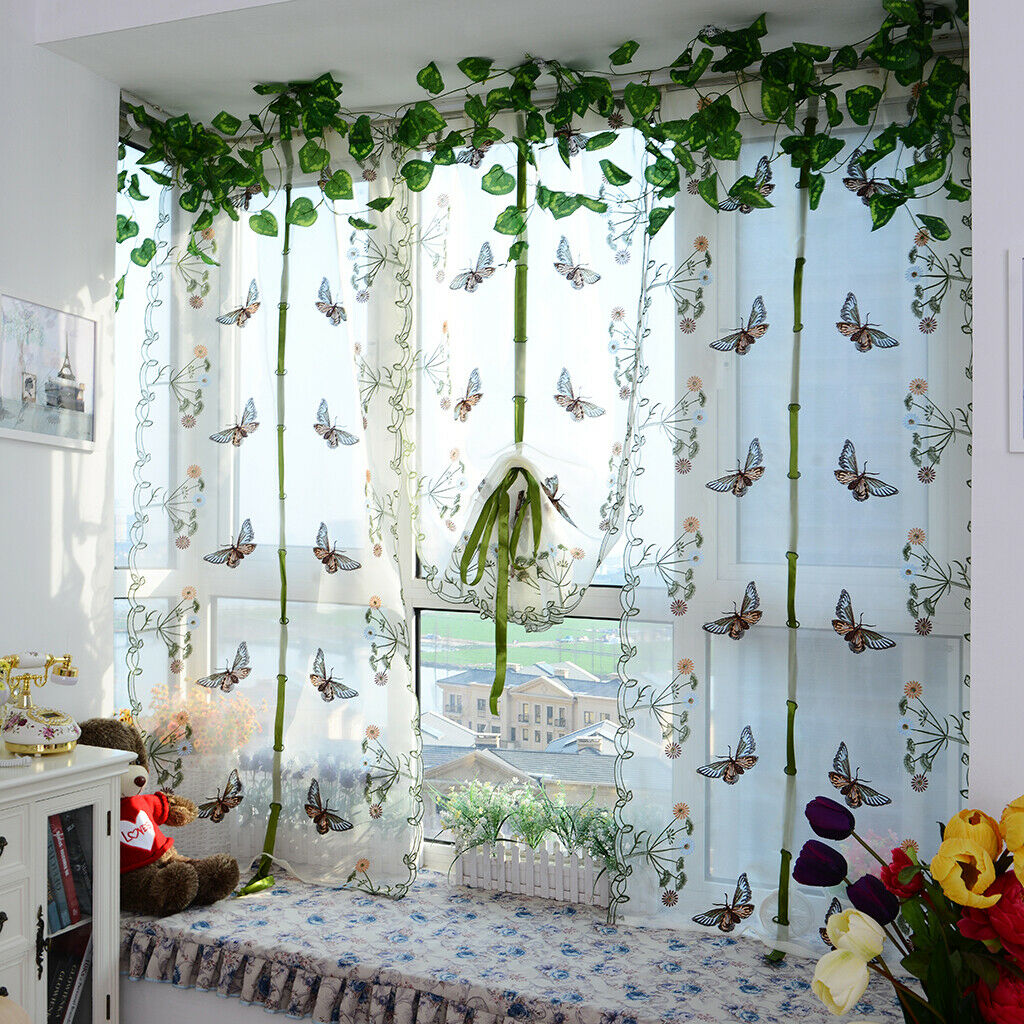 Pastoral Butterfly Tulle Roman Curtain Embroidered Sheer White 0.8x2m