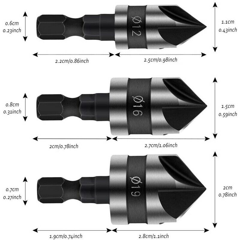 9PCS Countersink Set, Hex Shank Wood Drilling Bits 90 Degree Working 5 Flute PP9