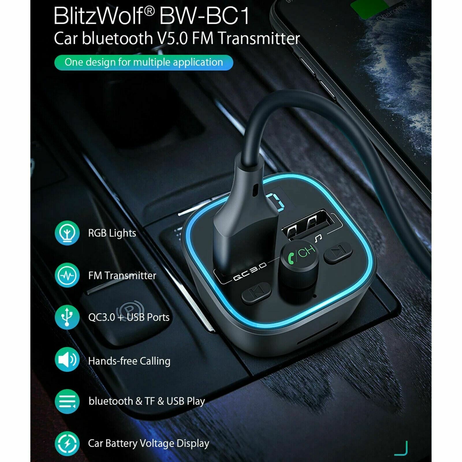 Blitzwolf BW-BC1 Bluetooth Car Kit Hands Free FM Transmitter QC 3.0 USB Charger