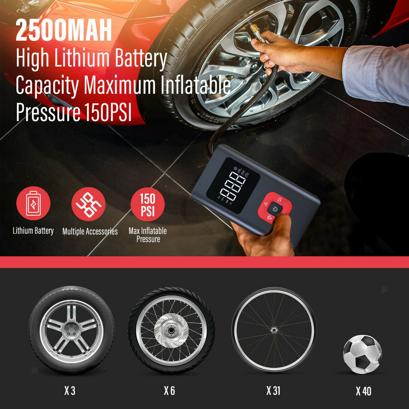Portable Car Air Compressor Electric Ball Bicycle Air Inflator Pump 2500mAh