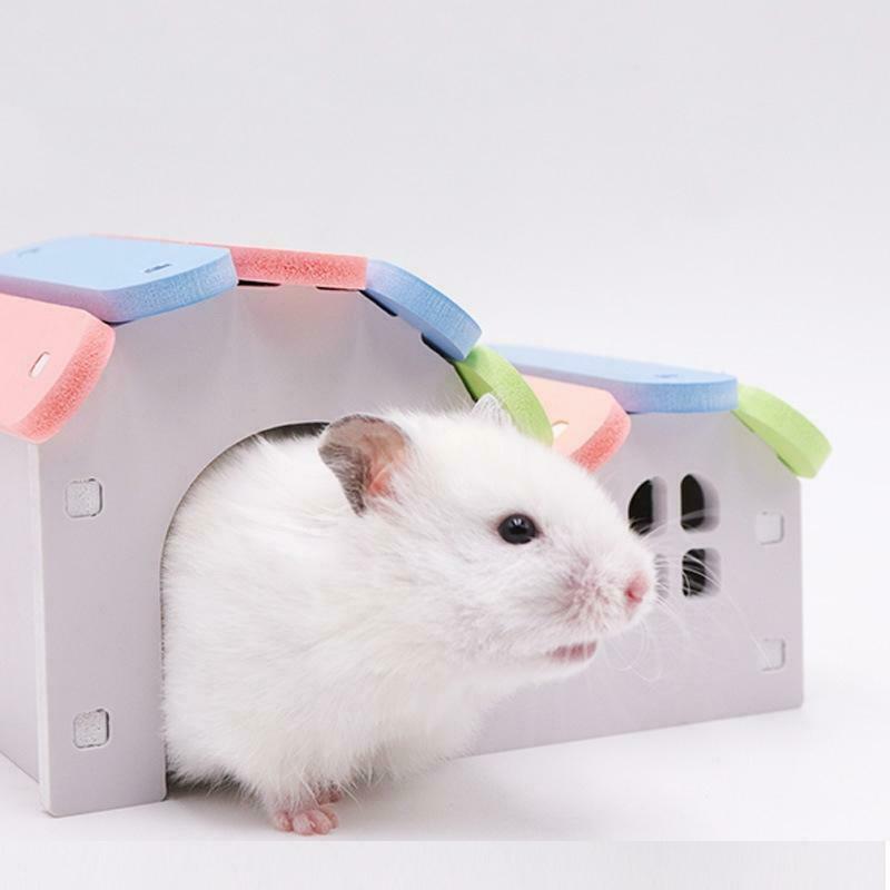 Hamster Wooden House Colorful Roof Nest Small Animals Natural Wood Play Hut
