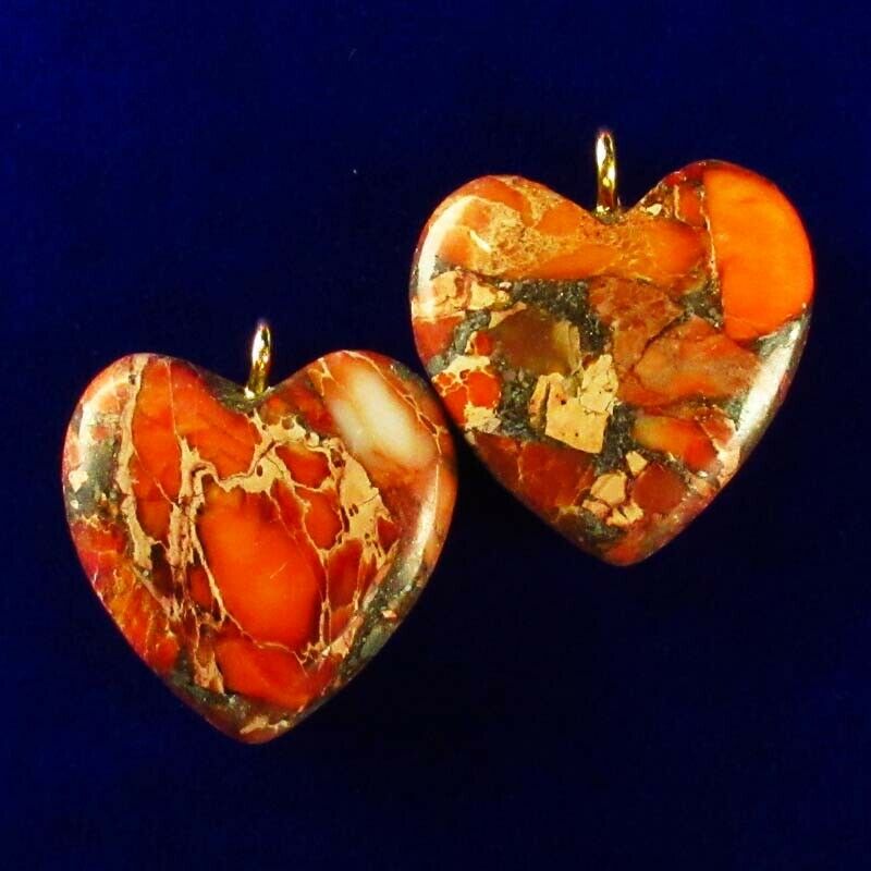 3Pcs Orange Man-made Sea Sediment Jasper & Pyrite Heart Pendant Bead A-DHS176
