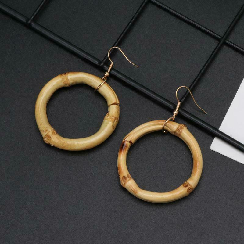 Handmade Natural Bamboo Wood Round Circle Dangle Hoop Earrings Fashion Jewelry