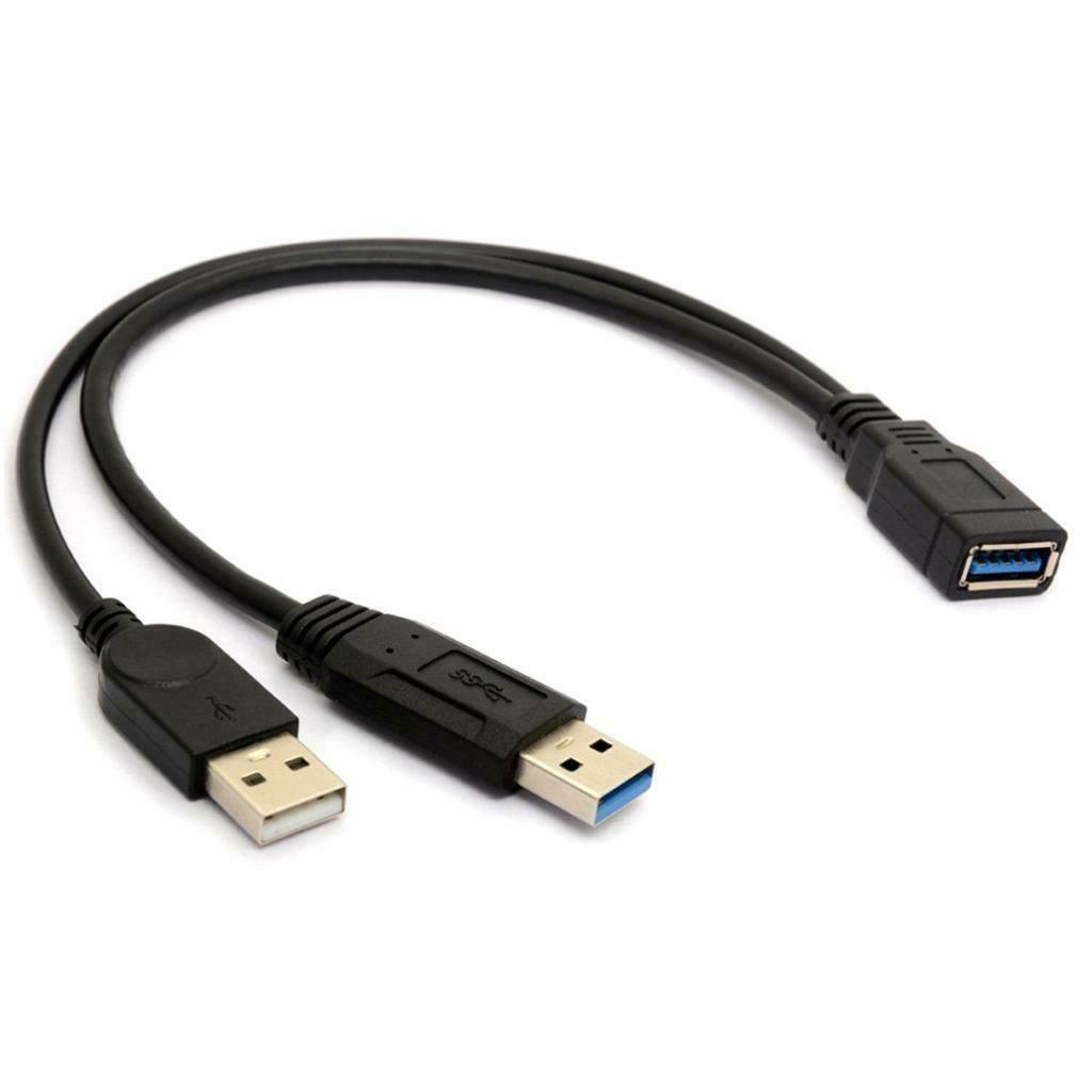 Black USB 3.0 Female to Dual USB Male Extra Power Data Y Extension Cable for