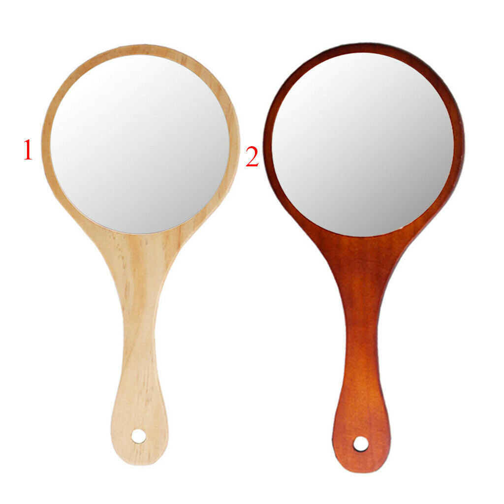 2Pcs Portable Wooden Hand Vanity Mirror with Handle for Home Travel Wood